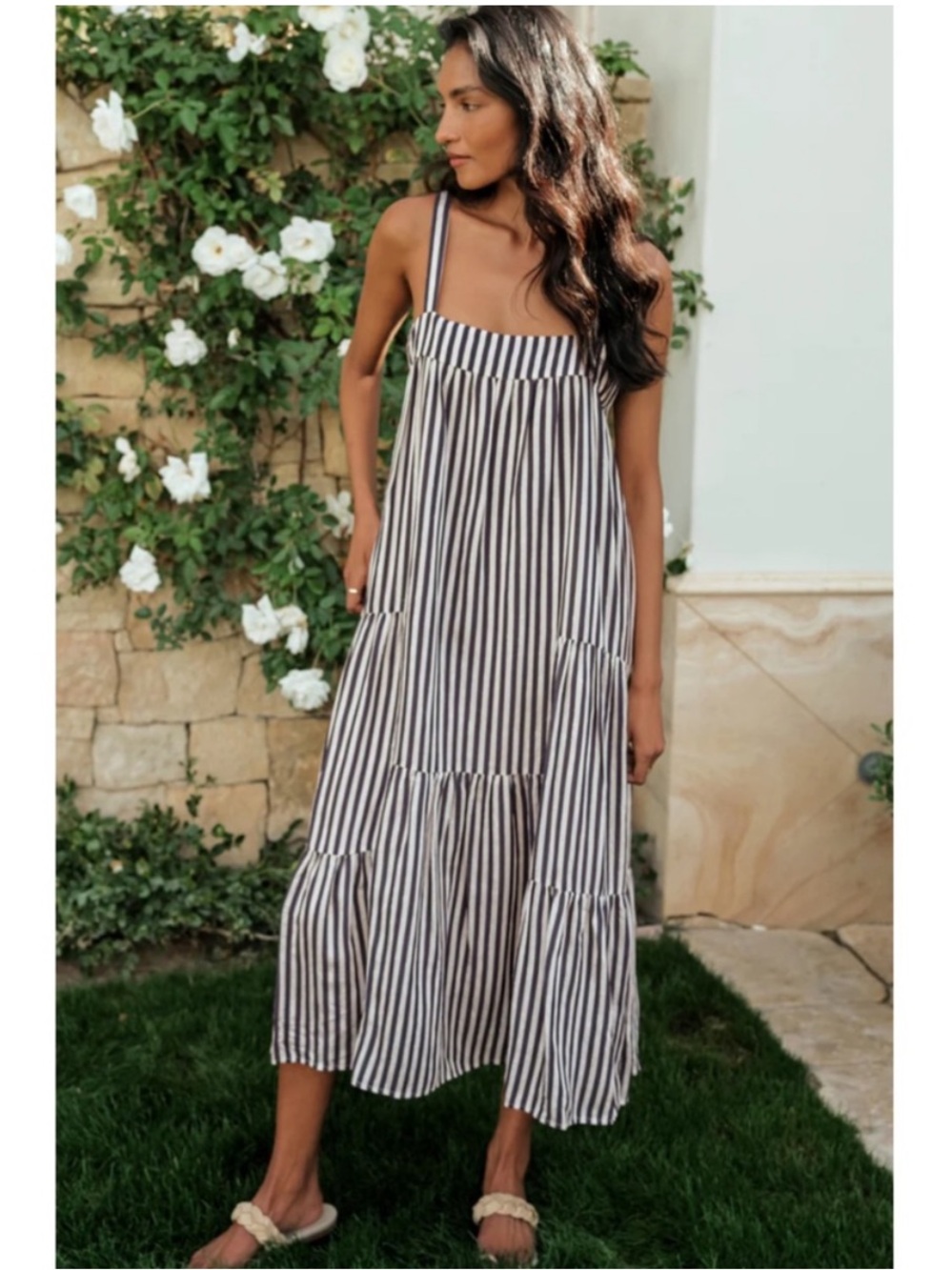 Jenni Kayne Summer Dress Oversized Tiered Maxi Silk Ink Stripe Navy Blue Size Xs